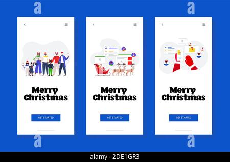 set people celebrating happy new year merry christmas holidays coronavirus quarantine concept smartphone screens collection horizontal vector illustration Stock Vector