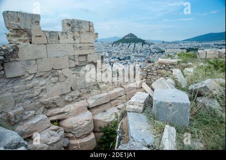 View of Lykabettos hill and residential area from the Acropolis hill, Athens, Greece Stock Photo