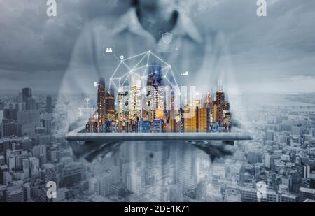 Networking technology, augmented reality, and smart city and big data technology Stock Photo