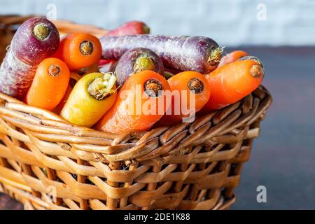 Baby rainbow carrots in a basket Stock Photo