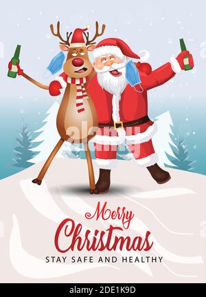 merry christmas. santa claus and reindeer drinking beer with removed masks hanging from their ears. covid-19, coronavirus concept. vector illustration Stock Vector