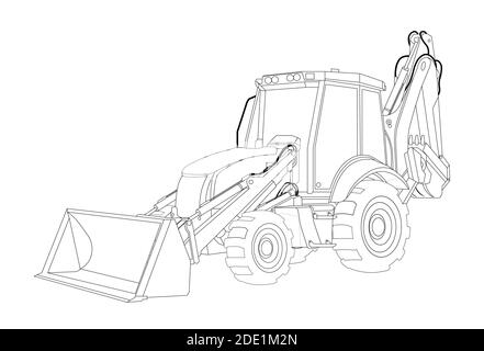 Children linear drawing for coloring. Construction equipment tractor in linear pattern. Industrial machinery and equipment. Isolated vector on white Stock Vector