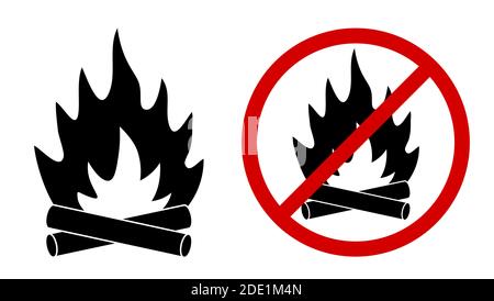 bonfire icon and sign prohibiting bonfire in the forest. Isolated vector on white background Stock Vector