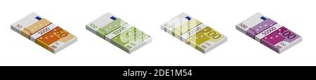 Euro banknotes stacks of 500, 200, 100 and 50. Isometric view on a white background Stock Vector