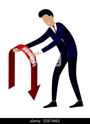 Crisis. Businessman holds a dying red and green arrow in his hands. Falling oil and stock prices. Isolated vector on white background Stock Vector