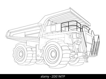 Children linear drawing for coloring. Heavy construction equipment dump mining truck. Industrial machinery and equipment. Isolated vector on white bac Stock Vector