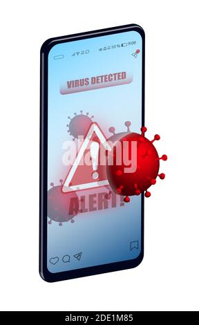 Concept, smartphone with alarm message about virus infection of device. Danger of hacking mobile devices. Isolated vector on white background Stock Vector