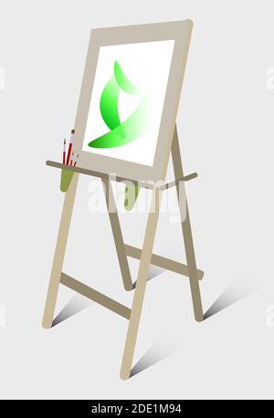 easel for painting with brushes and a glass of water in cartoon style. Isolated vector on white background Stock Vector