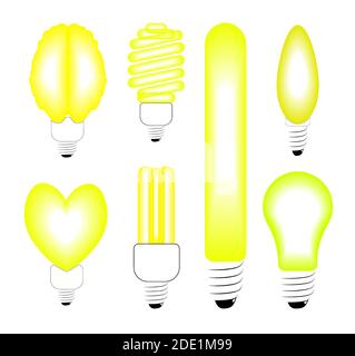 energy saving and incandescent bulbs of unusual shape in black and yellow on a white background Stock Vector