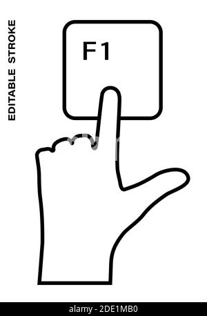 Icon editable stroke, human hand presses the keyboard button F1 with the index finger. Getting help, additional information. Isolated vector on white Stock Vector