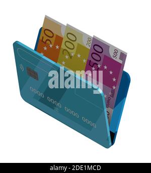 Isometric, plastic bank credit cards, electronic wallet for cash. Keeping Euros and dollars in a bank. Isolated vector on white background Stock Vector