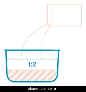 icon, infographics. Packaging design element. From the box, cereal or bulk product is poured into the pan in a ratio of 1 to 2. Part of the set of ico Stock Vector