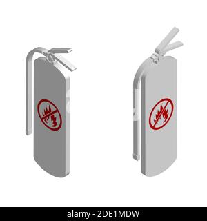 fire extinguisher isometric white icon with a crossed out fire sign. Technical signs and symbols. Isolated vector Stock Vector