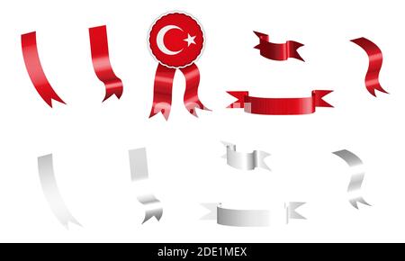 label, set of white and red ribbons with tag, in colors flag of Republic of Turkey. Isolated vector on white background Stock Vector