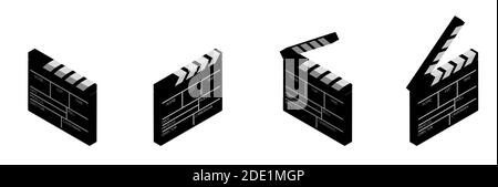 isometric clapper board for shooting the film in the open and closed position. Assistant director. Black and white icon. Vector Stock Vector