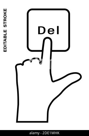 Icon editable stroke, human hand presses the keyboard button Delete with the index finger. Getting help, additional information. Isolated vector on wh Stock Vector