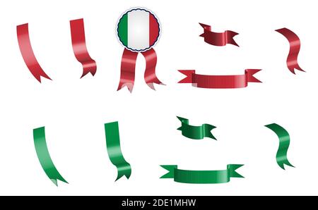 label, set of red and green ribbons with tag, in colors of Italy flag. Isolated vector on white background Stock Vector