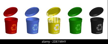 multi-colored baskets, garbage separation tanks. Caring for the environment, recycling of raw materials. Realistic 3d vector on white background Stock Vector