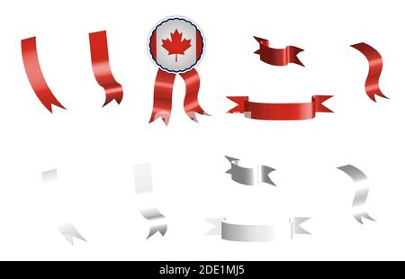label, set of red and white ribbons with tag, in colors of the flag of Canada. Isolated vector on white background Stock Vector