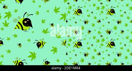 funny seamless pattern wasp with hemp leaves, cannabis. Cartoon on a white background, vector Stock Vector
