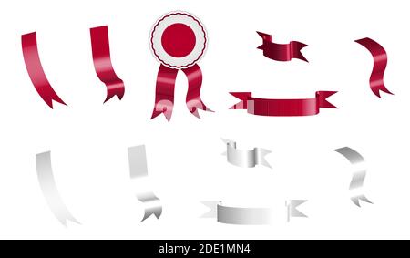 label, set of white and red ribbons with tag, in colors of Japan flag. Isolated vector on white background Stock Vector