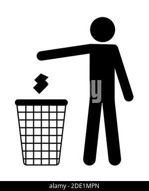 man throws trash in the basket. Recycling sign. Isolated vector on white background Stock Vector