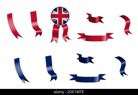 label, set of red and blue ribbons with tag, in colors of the flag of great britain. Isolated vector on white background Stock Vector