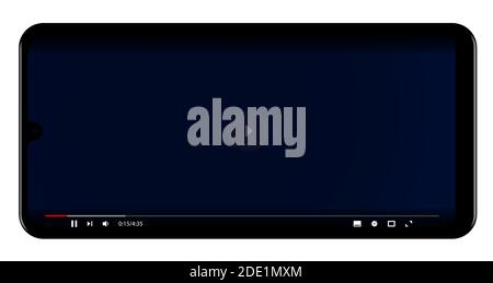 realistic dark blue smartphone with multimedia player screen template. Layout of a live streaming window in video playback mode. Vector Stock Vector