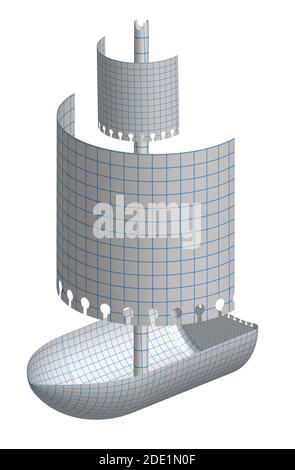realistic paper boat with sails from a notebook sheet into a cage. Isolated vector on white background Stock Vector