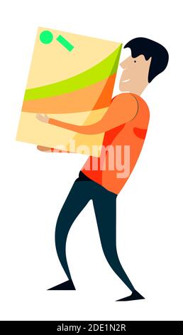 man, a loader carries a heavy load. Home delivery. Isolated vector on white background Stock Vector