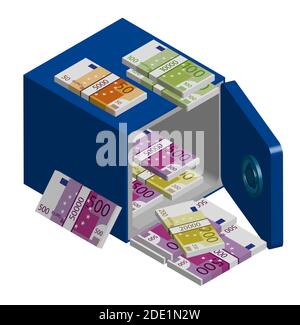 Open steel safe with bundles of Euro money. Stacks of cash. Isometric, isolated vector Stock Vector