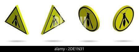Set of isometric yellow black danger signs, attention. The attack of poisonous insects. Isolated vector Stock Vector