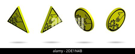 set of 3D danger signs on a yellow background, a man hand reaches for a working mechanism, gears. Attention. Isolated vector Stock Vector
