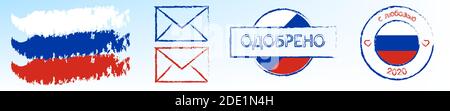 postal stamps in colors and with the symbols of flag of Russia. Inscription is APPROVED and WITH LOVE on the stamps. Delivery of greeting cards and le Stock Vector