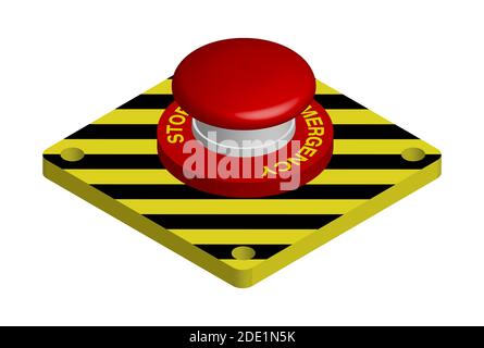 red emergency button with black and yellow stripes. Actions in a dangerous situation. Realistic 3d vector on white background Stock Vector