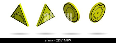 Set of isometric danger signs, circular saw blade on a yellow background. Work with a dangerous tool. Precautionary measures. Isolated vector Stock Vector