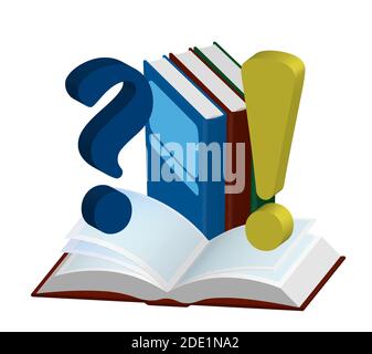 School 3D illustration, icon. Open and closed isometric books with question and exclamation marks. Template or layout for design. Isolated vector on w Stock Vector