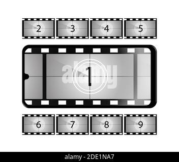 realistic smartphone with a countdown to the start of the movie on the screen. Film frames with account numbers. Isolated vector template Stock Vector