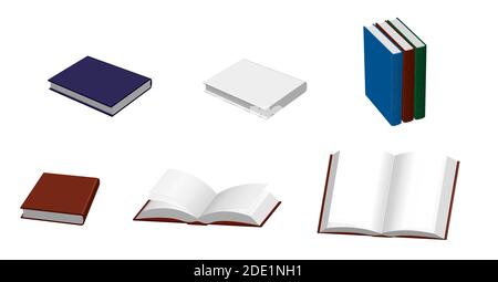 Set of realistic open and closed books in isometric with blank pages. Template or layout for design. Isolated vector on white background Stock Vector
