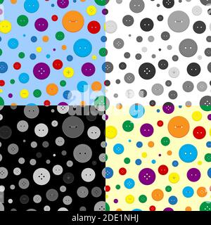 Set of seamless patterns of multi-colored round buttons of clothes in rainbow colors. Vector Stock Vector