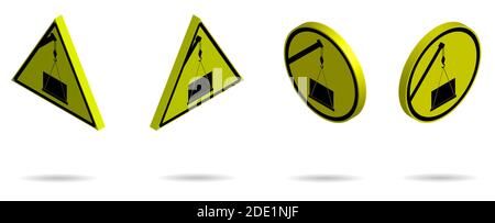 Set of isometric danger signs of working construction equipment on a yellow background. Overhead Load Symbol, construction crane lifts a load. Isolate Stock Vector