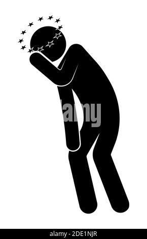 stick figure, man leaned over and holds his head. Dizziness, stars fly overhead, feeling unwell. Isolated vector on white Stock Vector