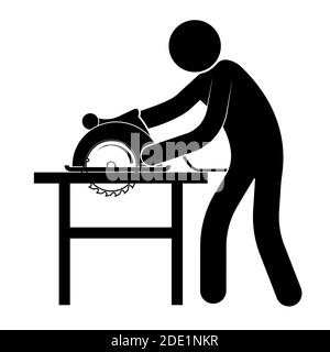 stick figure, man works in a carpentry workshop with a circular saw. Manufacture of wood products. Isolated vector on white background Stock Vector