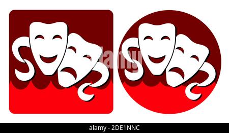 white comedy and tragic theatrical masks on a red background in the form of logos Stock Vector