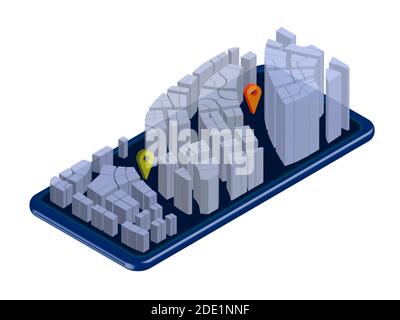 smartphone concept with city projection on screen. Smart planning of delivery routes. GPS navigation in the city. Isolated vector on white background Stock Vector