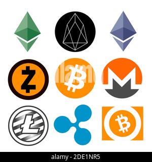top 9 main cryptocurrency logos in color. Cryptocurrencies, an alternative financial system Stock Vector