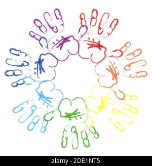 sun in rainbow colors from the prints of children palms. Imitation of a drawing by paints. Good summer mood. Isolated vector on white background Stock Vector