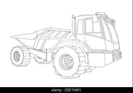 truck, heavy construction equipment. Children linear drawing for coloring. Vector on white isolated on white background Stock Vector