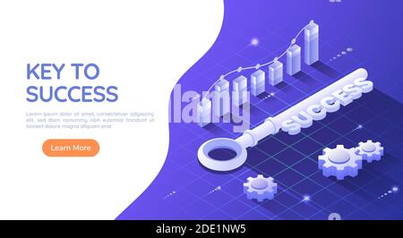 3d Isometric Web Banner Key to Success on Blue Background with Graph and Gear. Key to Success and Business Solution Concept. Stock Vector