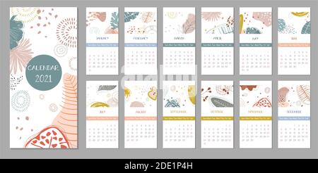 2021 trendy calendar design. Set of 12 months. Week starts on Sunday.Editable calender page template format.Abstract artistic vector illustration.Cute Stock Vector